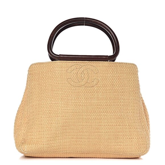 Authentic CHANEL Vintage Raffia Tote Woven Straw Shoulder Bag Wooden Ring Beige - Picture 1 of 12